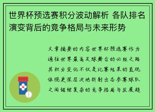 世界杯预选赛积分波动解析 各队排名演变背后的竞争格局与未来形势