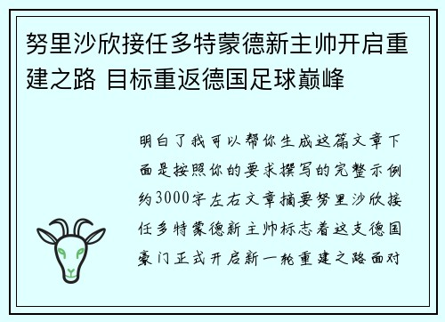 努里沙欣接任多特蒙德新主帅开启重建之路 目标重返德国足球巅峰